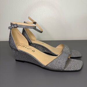 Unisa Metallic Wedge Sandals Women’s Size 7.5M Silver Glitter Ankle Strap